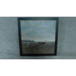 A framed oil painting of Plowing with Cows by G. Tincu. H. 56cm W. 56cm