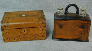 A Victorian walnut and ebonised fitted stationery box and a Victorian tunbridge inlaid writing