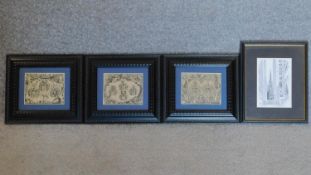 A set of three framed and glazed prints and a signed lithograph of Wall street. 28x23cm