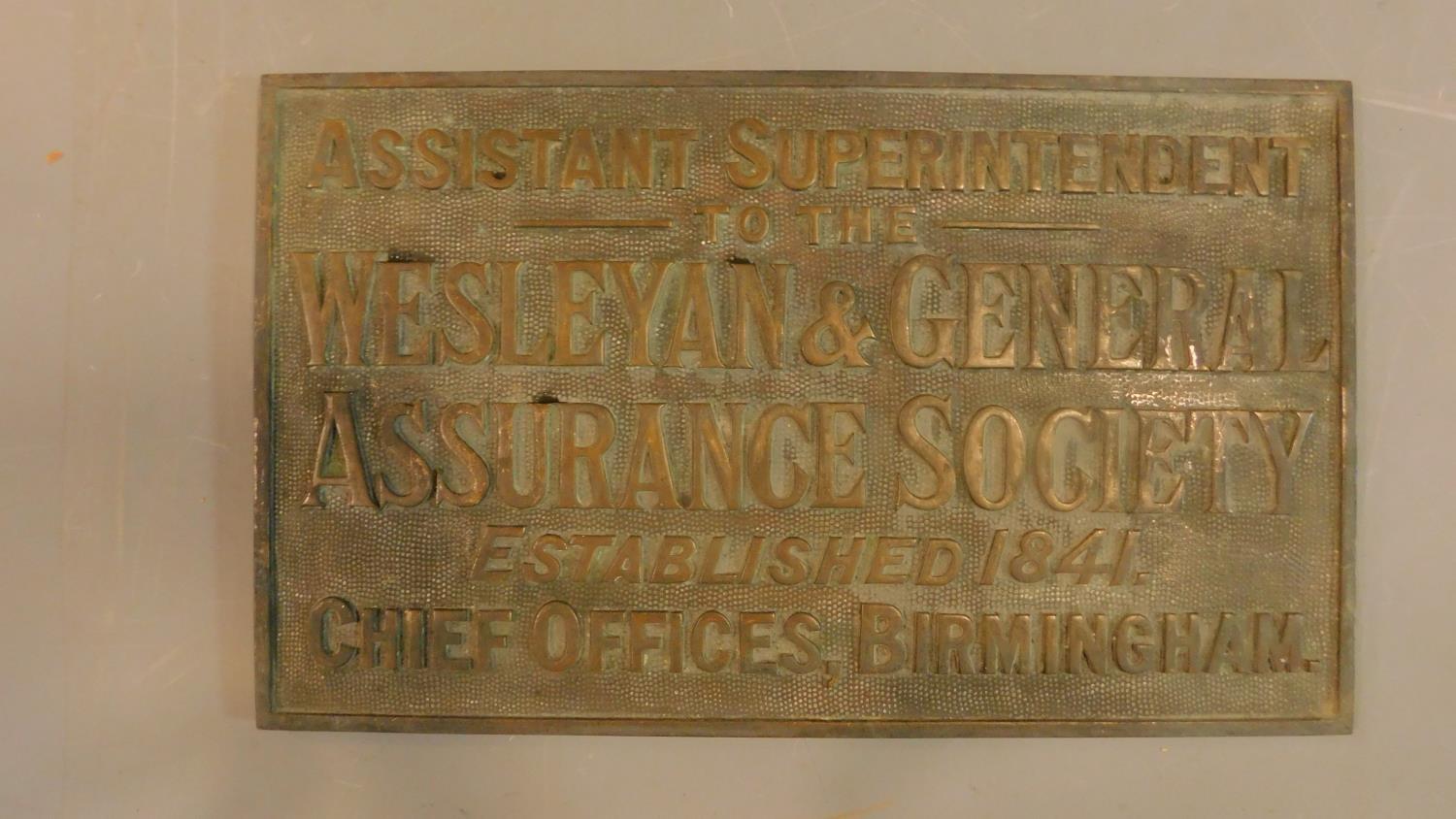 A collection of three brass wall plates for the Weslyan and General Assurance society. - Image 3 of 4