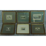 A set of six hand coloured framed prints, including Blenheim Palace, Radcliffe Library, Stationers