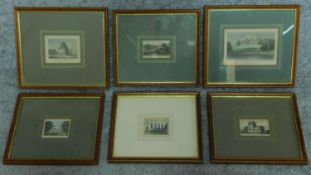 A set of six hand coloured framed prints, including Blenheim Palace, Radcliffe Library, Stationers