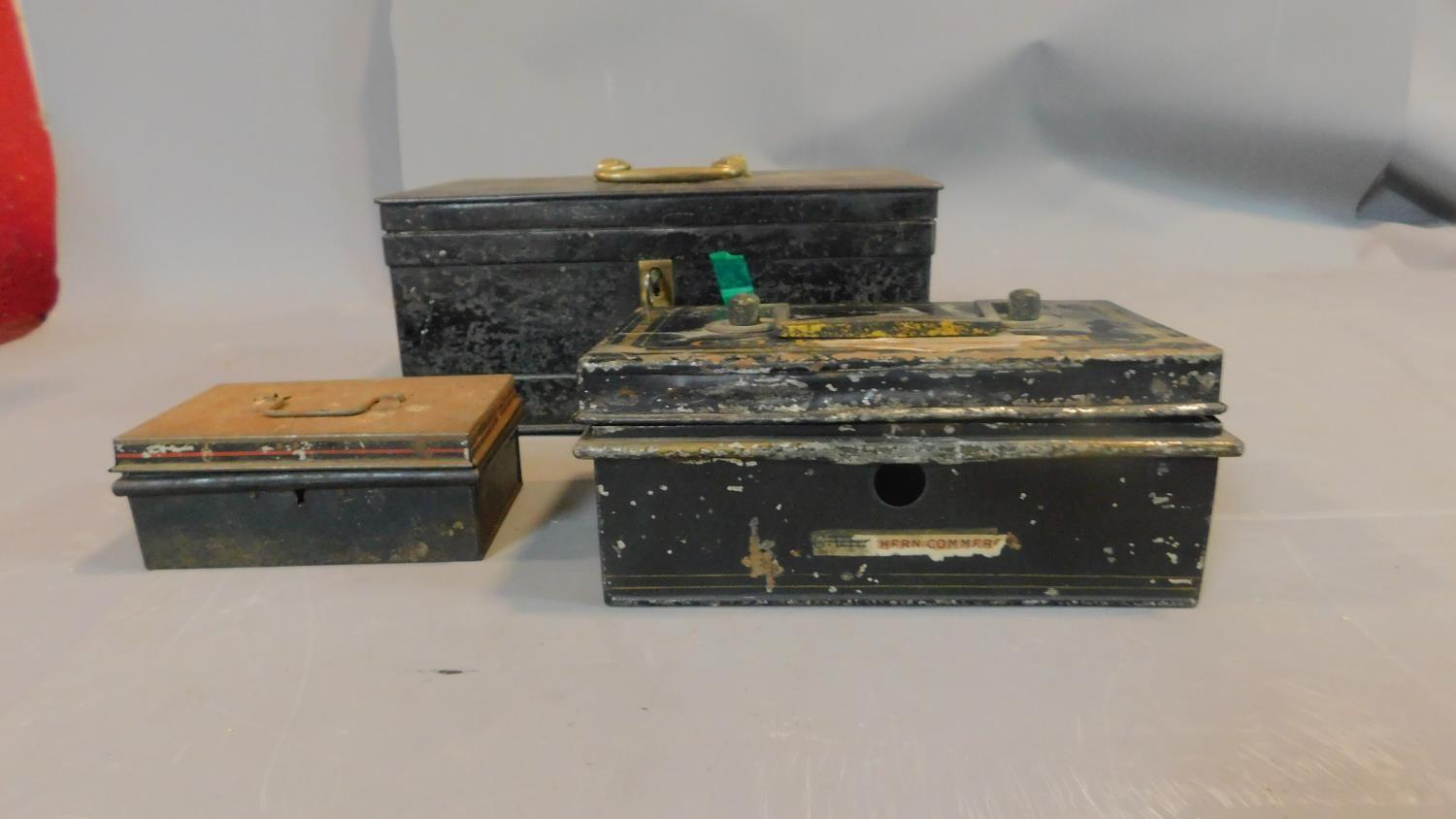 Three antique metal lock safety boxes. H.10cm W.26cm D.18cm