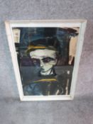 A framed and glazed oil on paper, abstract face, labelled Mario Minski. 74 x 53cm