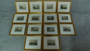 A set of fourteen framed and glazed prints, around Oxford, some hand coloured 30.5x35.5cm