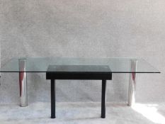A contemporary exective office desk with large plate glass top. H.72 W.199 D.89cm