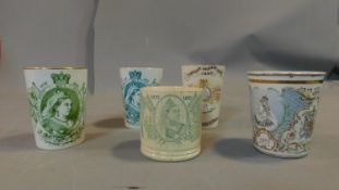 A set of five commemorative cups for Queen Victoria, one enamel and four ceramic, including cups