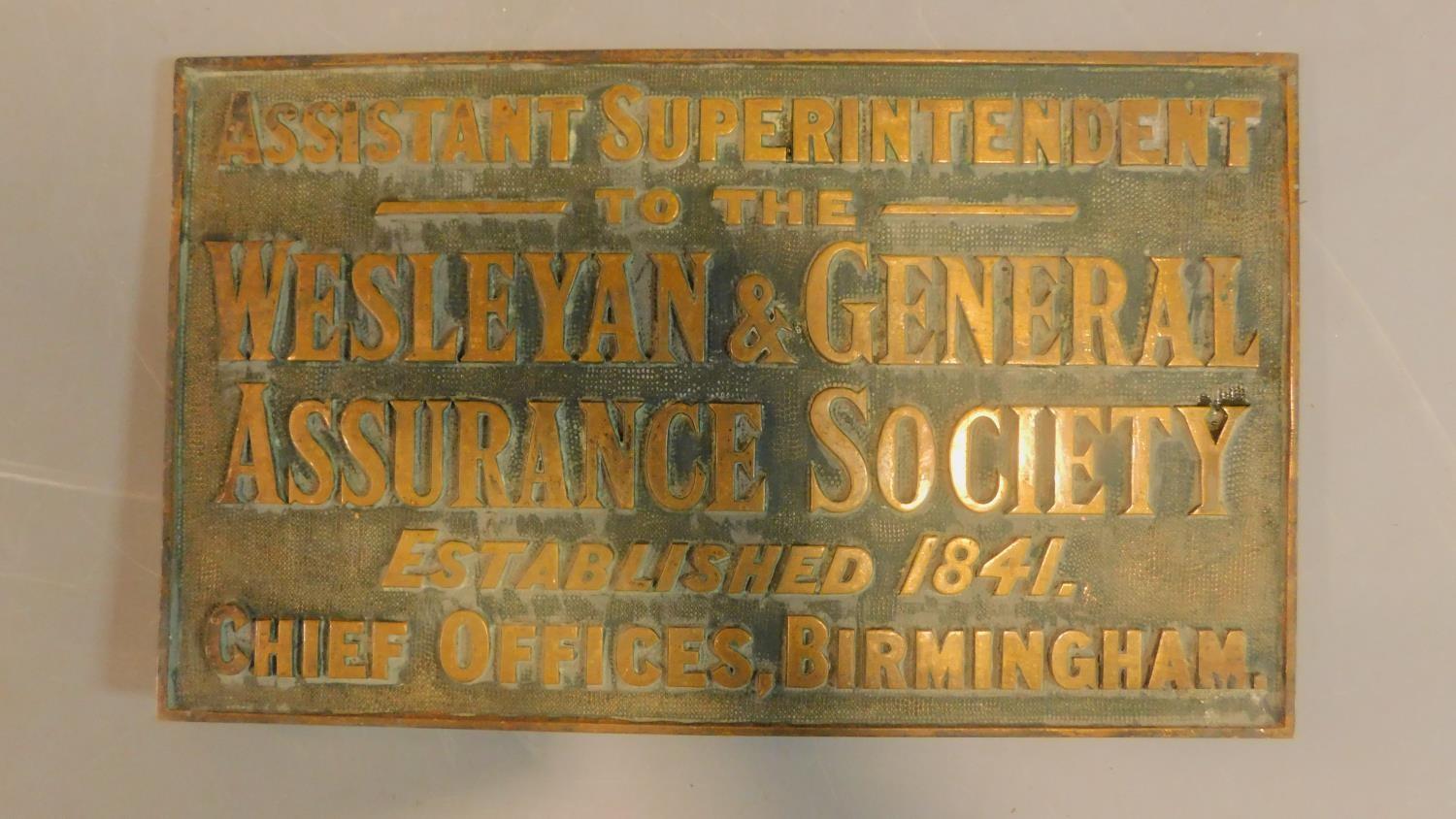 A collection of three brass wall plates for the Weslyan and General Assurance society. - Image 4 of 4
