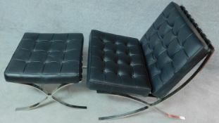 A Barcelona chair and matching stool in black buttoned leather upholstery. H.72cm (chair)