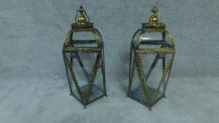 A pair of regency style glass hanging lanterns. H.63cm