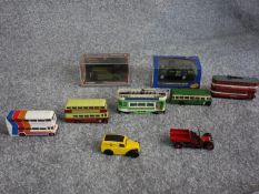 A boxed diecast corgi omnibus, a diecast corgi tram, routemaster and single decker bus and other