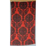Seven 1970's vintage curtains of various sizes. With Black floral and foliate motifs on a red