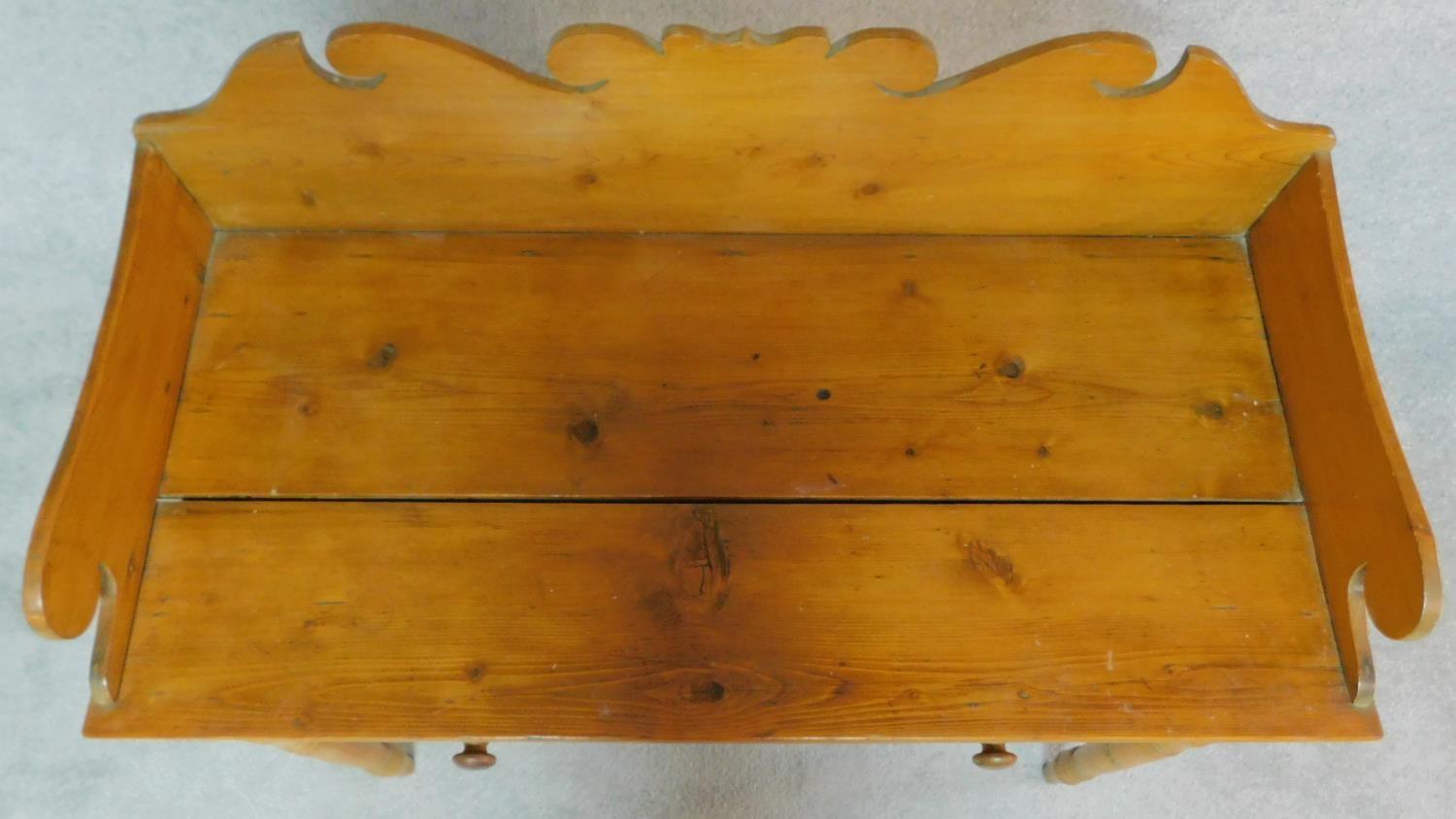 A Victorian pine washstand with raised shaped back and two frieze drawers on turned tapering - Image 6 of 6