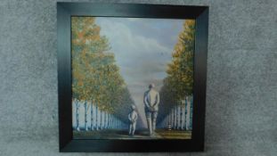 An original oil painting of Father and Son walking down an avenue of trees, by G. Tincu H. 60cm W.