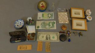A collection of small items including, cased monocle and glasses, miniature water colours, enamel