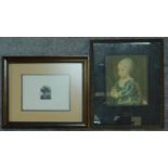 Two framed and glazed prints, one depicting an open window with shutters, a woman's head is at the