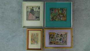 Two framed and glazed watercolours depicting village scenes, both signed and titled. One