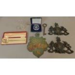 Collection of Royal commemorative items including, a boxed spoon inlaid with pearls and enamel work,