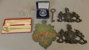 Collection of Royal commemorative items including, a boxed spoon inlaid with pearls and enamel work,