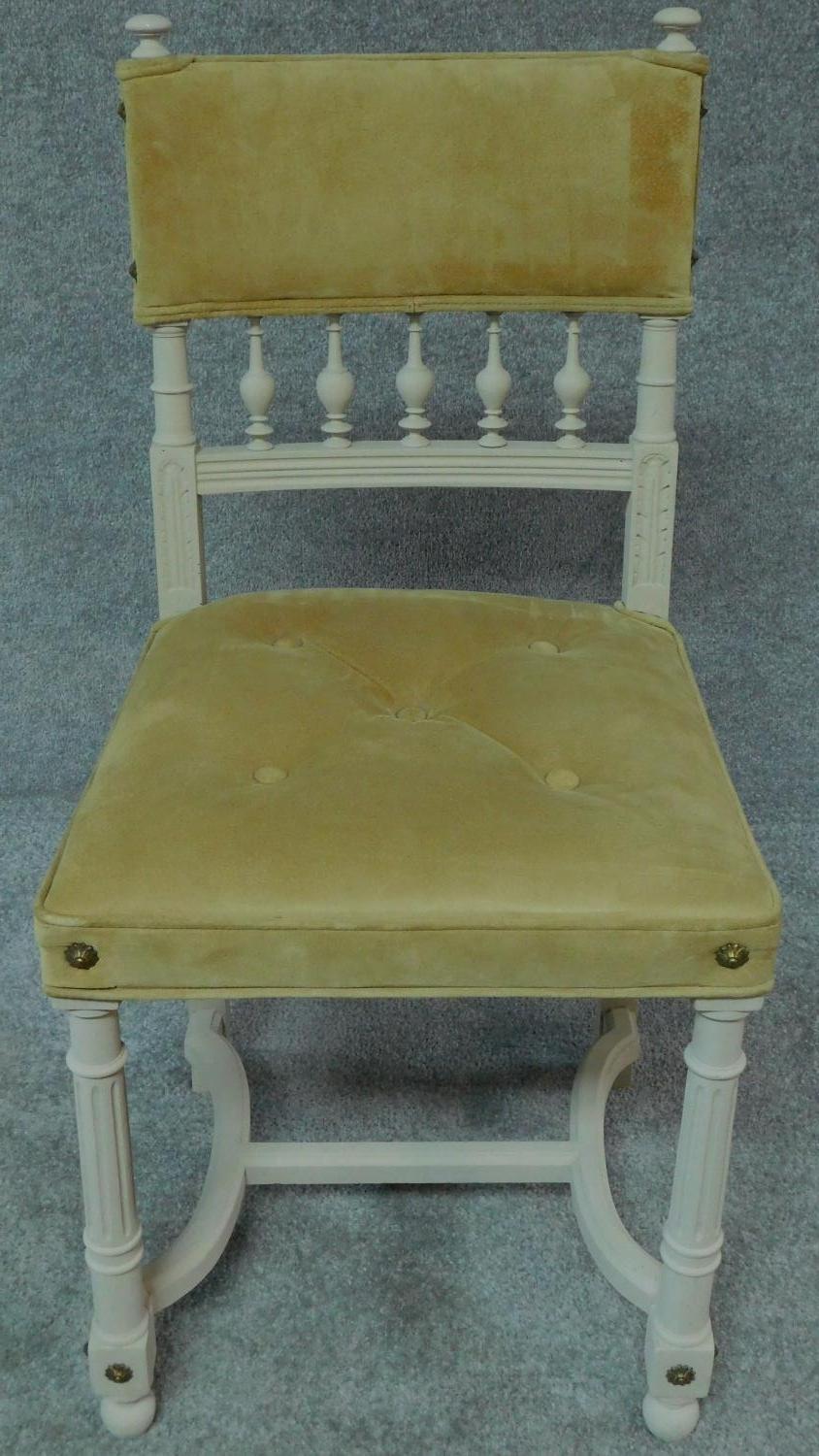 A pair of late 19th century French painted side chairs in studded and buttoned Dijon mustard - Image 3 of 8