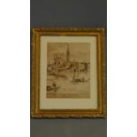 A gilt framed and glazed ink drawing in the manner of Guardi, Venetian canal, unsigned. 41x34cm