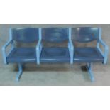 A set of vintage tubular metal and moulded plastic cinema seats, lounge chairs, makers stamp. H.80