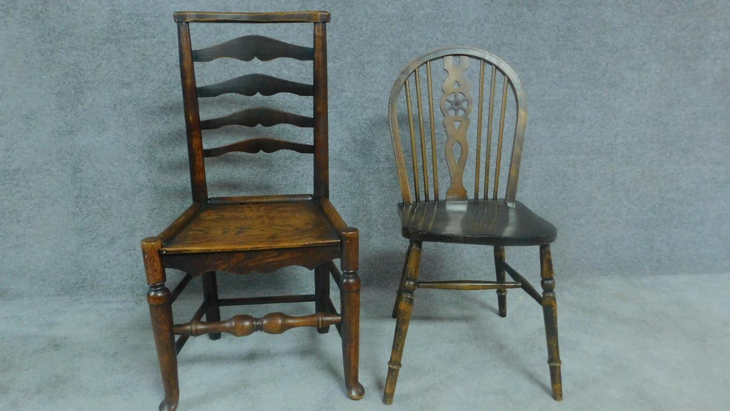 A 19th century elm ladderback dining chair and an elm seated Windsor wheelback chair. H.93cm - Image 2 of 7