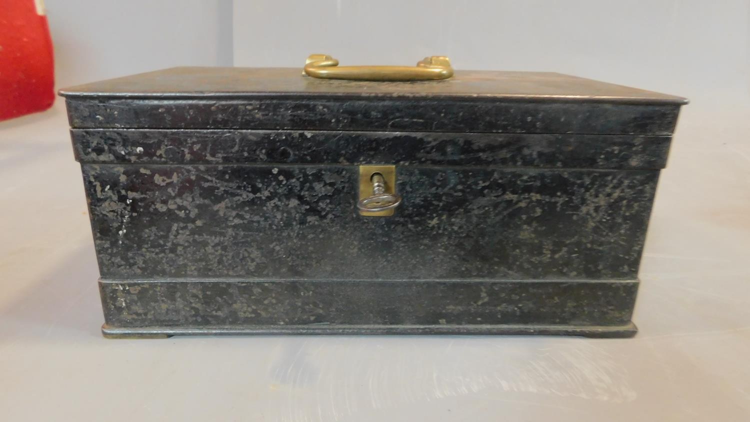 Three antique metal lock safety boxes. H.10cm W.26cm D.18cm - Image 2 of 5