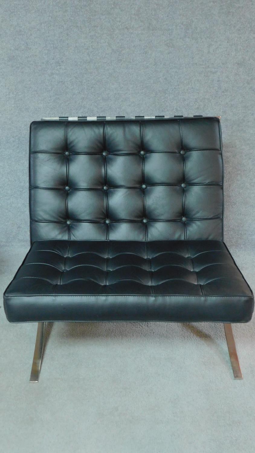 A Barcelona chair and matching stool in black buttoned leather upholstery. H.72cm (chair) - Image 2 of 5