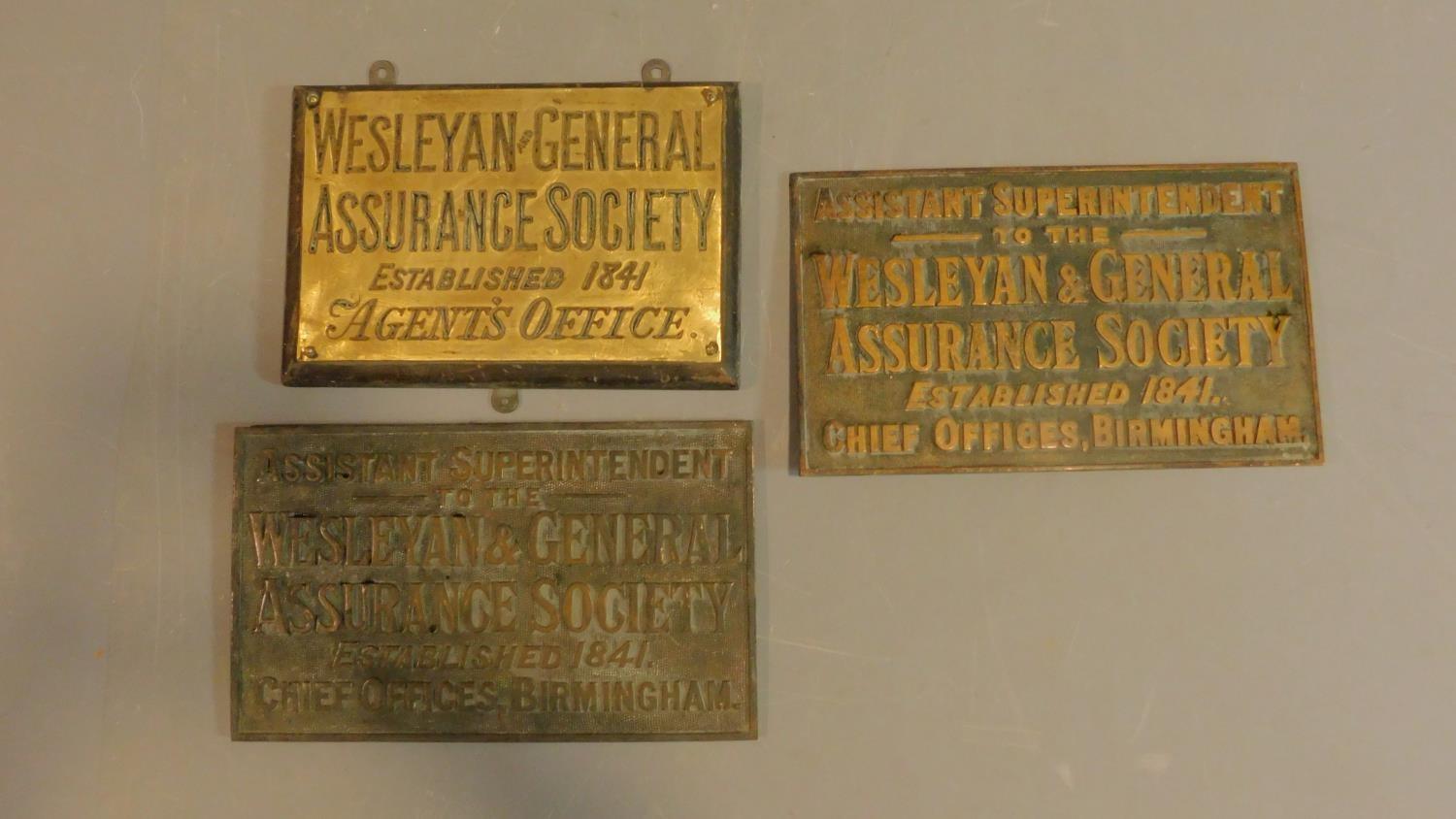 A collection of three brass wall plates for the Weslyan and General Assurance society. - Image 2 of 4
