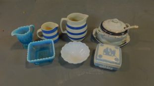 A collection of glass and ceramics including two striped Cornishware jugs, a Wedgewood lidded box