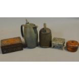 A miscellaneous collection of metal and treen items; boxes, jugs etc