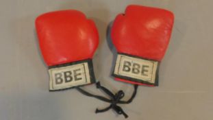 A pair of boxing gloves with an indistinct autograph.