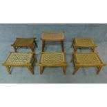 A collection of six beech framed stools with woven drop in seats H.48 (tallest)