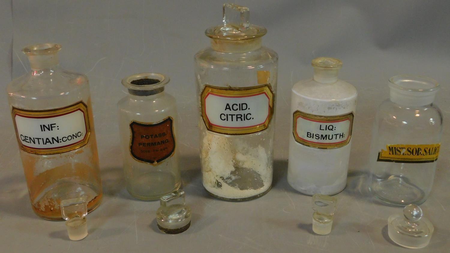 A collection of five various glass chemist's jars with ground glass stoppers. H.24cm (tallest) - Image 2 of 3