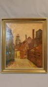 An oil on board, view of a street in Germany, by Henri Makenzie. 89x77cm