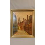 An oil on board, view of a street in Germany, by Henri Makenzie. 89x77cm