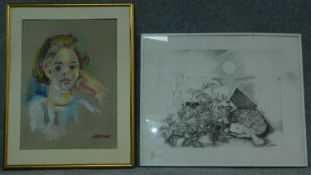 A framed pastel portrait of a young girl (unglazed) and a pencil drawing, tortoise. 83x64cm