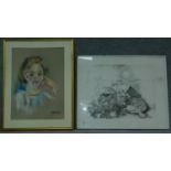 A framed pastel portrait of a young girl (unglazed) and a pencil drawing, tortoise. 83x64cm