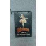 A vintage Mazda light bulb enamel sign, double sided with original hanging fixtures. H.62cm W.41cm