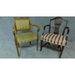 A 19th century mahogany Hepplewhite style armchair and a later French style armchair. H.89 (tallest)