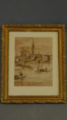 A gilt framed and glazed ink drawing in the manner of Guardi, Venetian canal, unsigned. 41x34cm