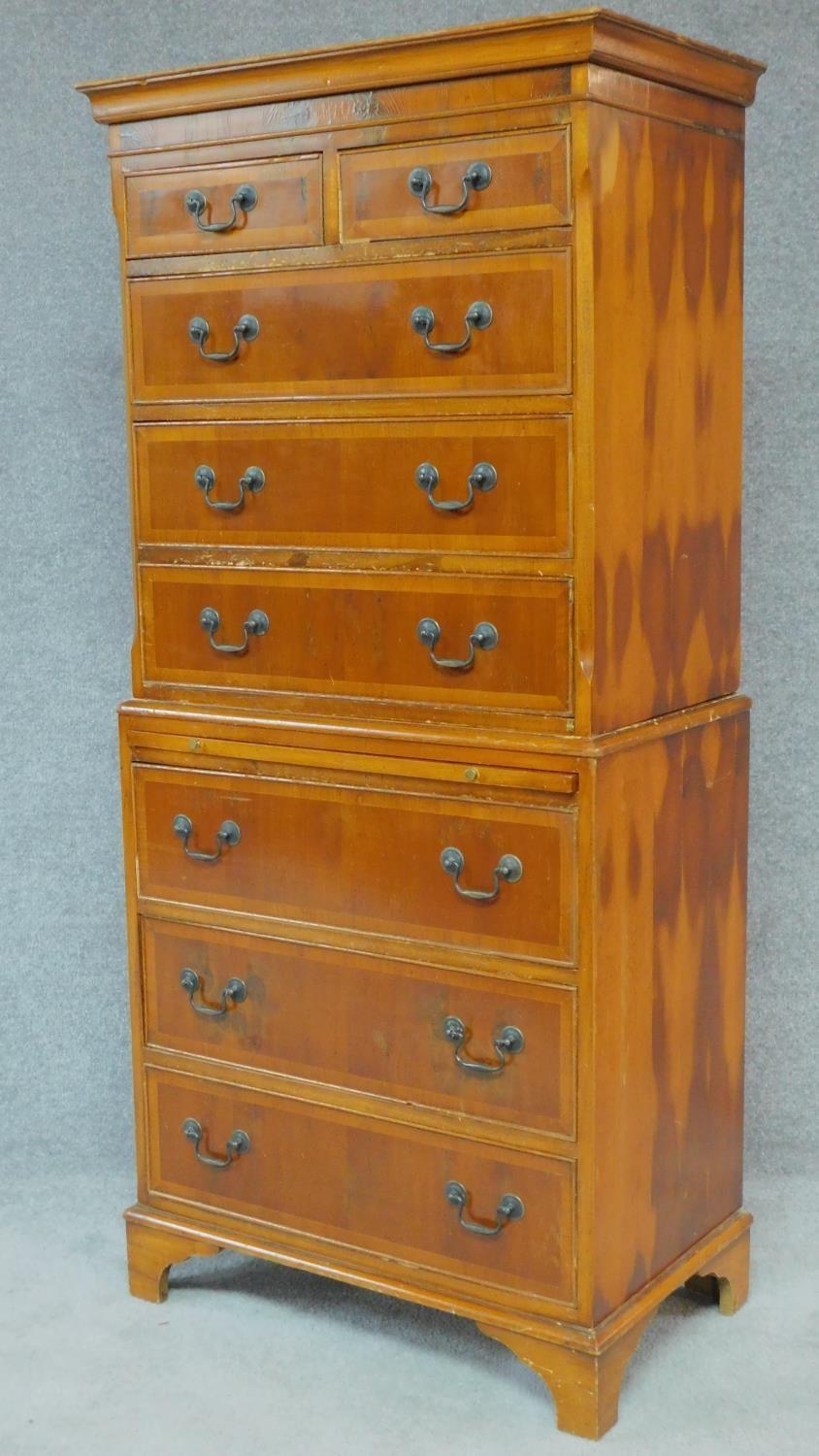 A Georgian style yew chest on chest with two short and six long drawers fitted brushing slide. H.174 - Image 2 of 7