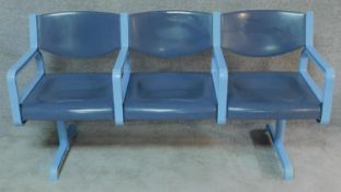 A set of vintage tubular metal and moulded plastic cinema seats, lounge chairs, makers stamp. H.80