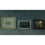 A collection of paintings, including a still life pencil drawing, oriental painted leaves with