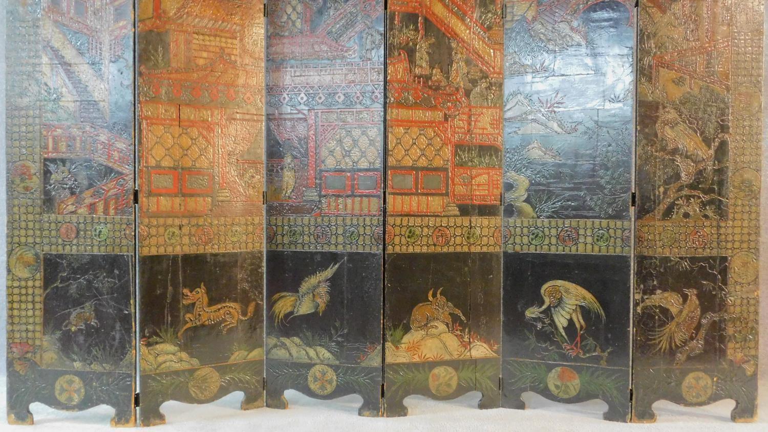 A large six panel screen with five hinged folds with painted and carved Japanese decoration - Image 2 of 14