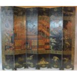 A large six panel screen with five hinged folds with painted and carved Japanese decoration