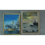 A framed oil on canvas, lighthouse and another of a distant storm at sea. 93x74cm (largest)