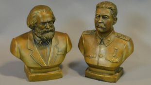 Two brass busts of Karl Marks and Stalin. Dated and named in cyrillics on back. H.29cm