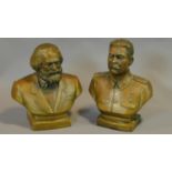 Two brass busts of Karl Marks and Stalin. Dated and named in cyrillics on back. H.29cm